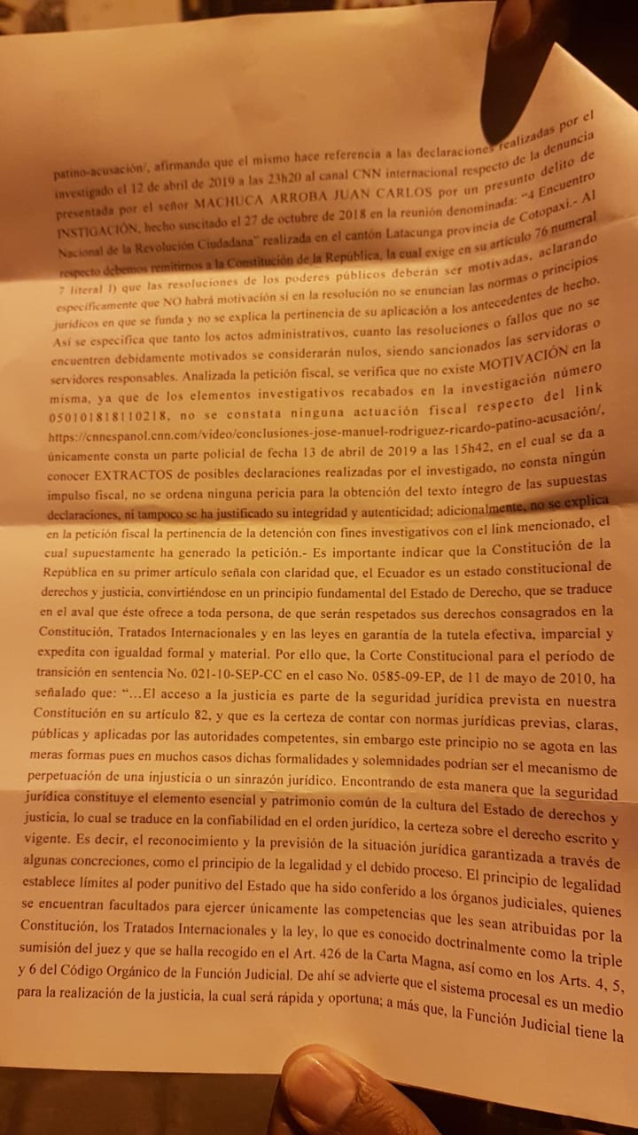 Orden de jueza de Latacunga Beatriz Benitez que niega la detenciÃ³n de Ricardo PatiÃ±o